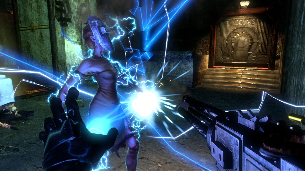 An image from Bioshock 2 which shows the player electrocuting an enemy.